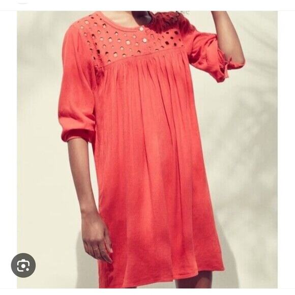 Madewell Eyelet Daybreak Dress Linen Blend Red Orange Size SMALL - Picture 12 of 12